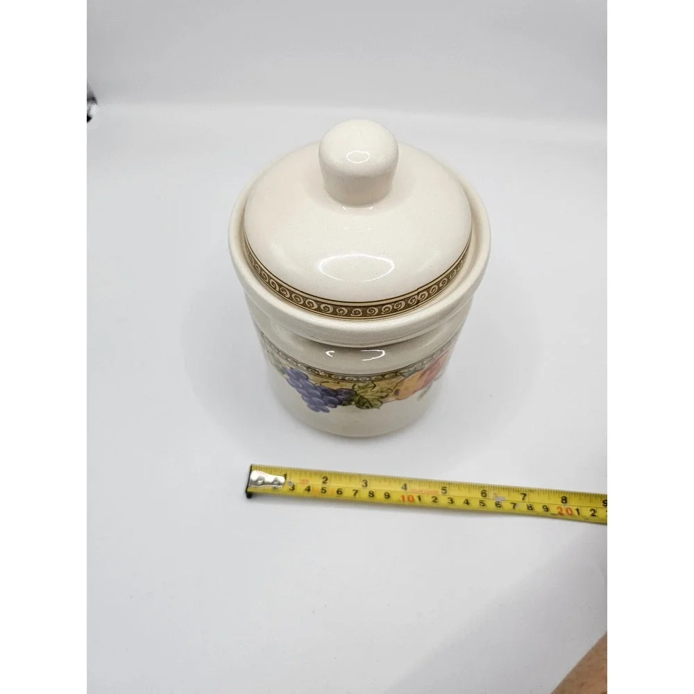 Gibson Everyday Fruit Ceramic Canister Small Jar with Lid Grapes Peaches Cream
